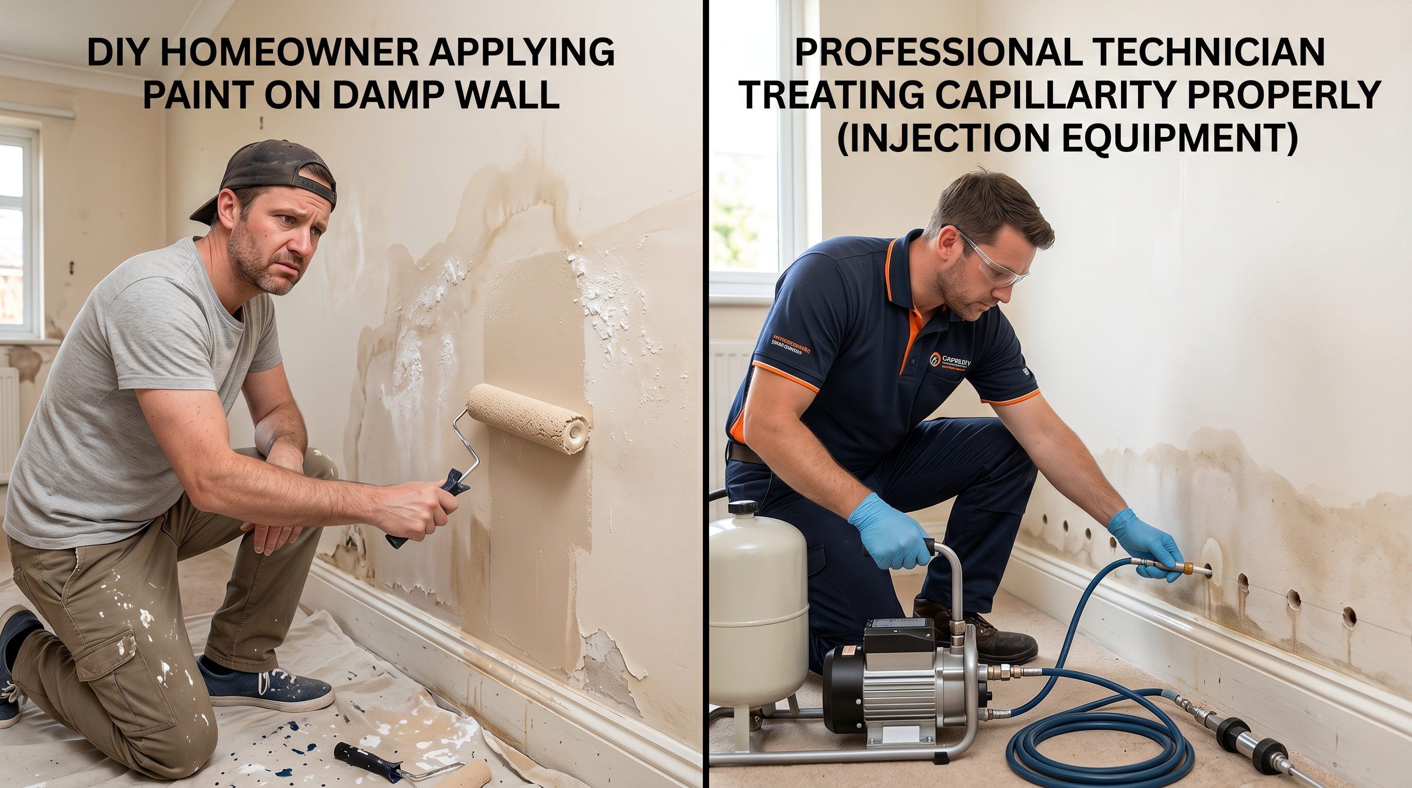 Comparación entre kit de bricolaje para humedad y trabajo de especialista profesional