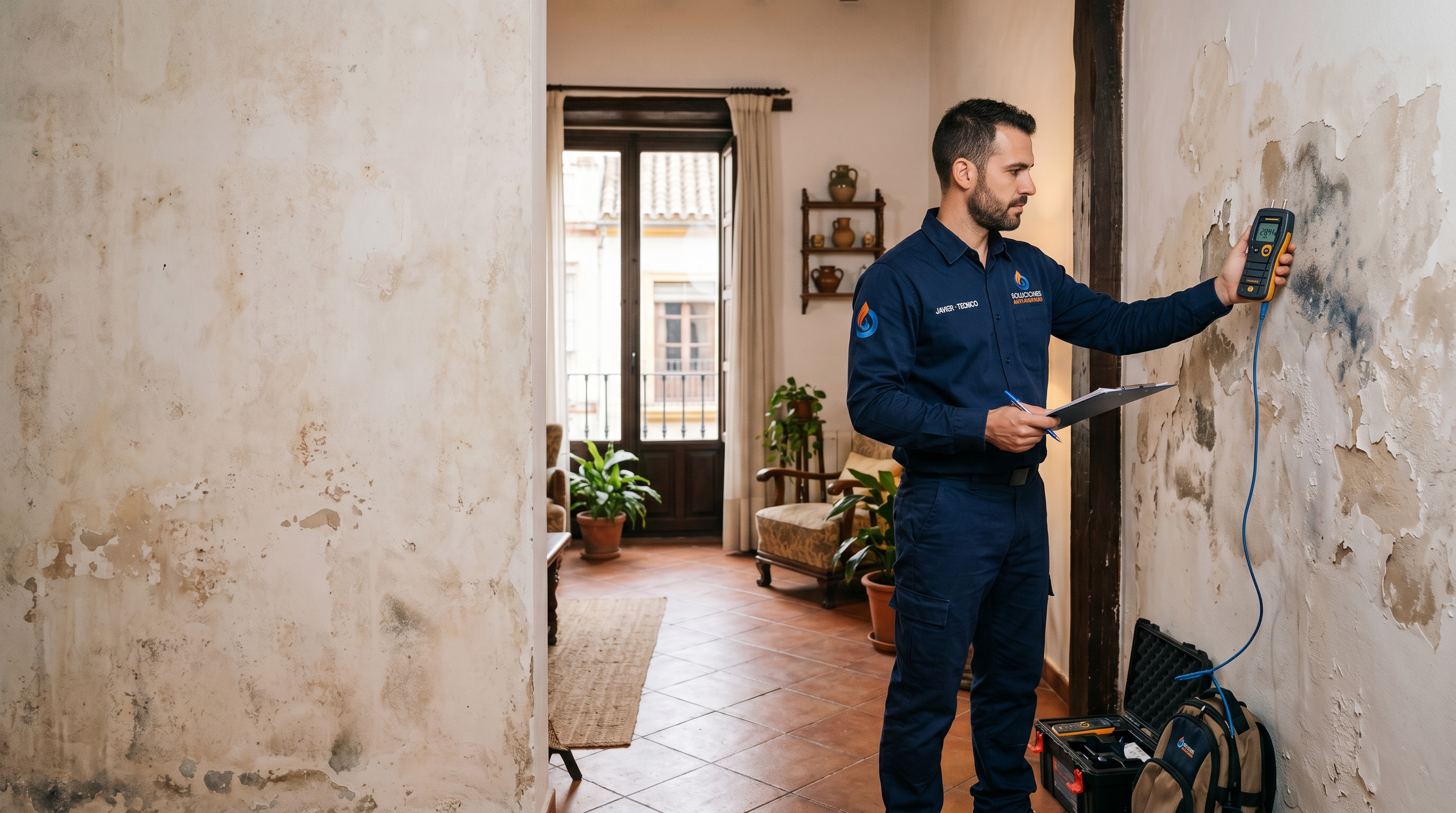 Técnico especialista en humedades realizando diagnóstico con higrómetro digital en vivienda española