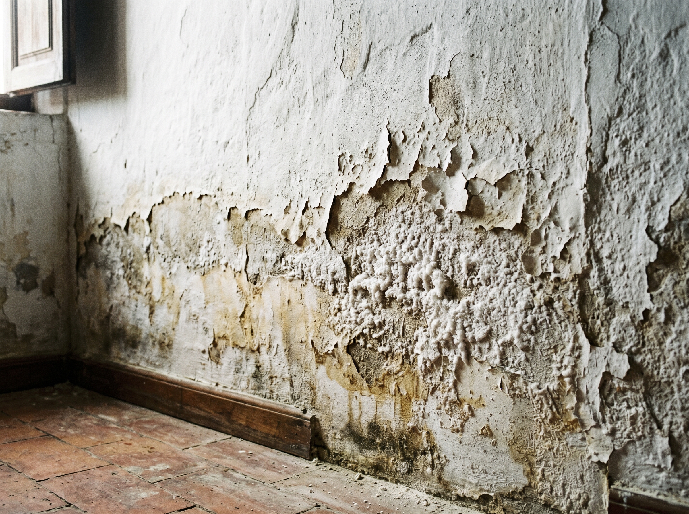 Humedad por capilaridad en pared — manchas ascendentes y eflorescencias salinas
