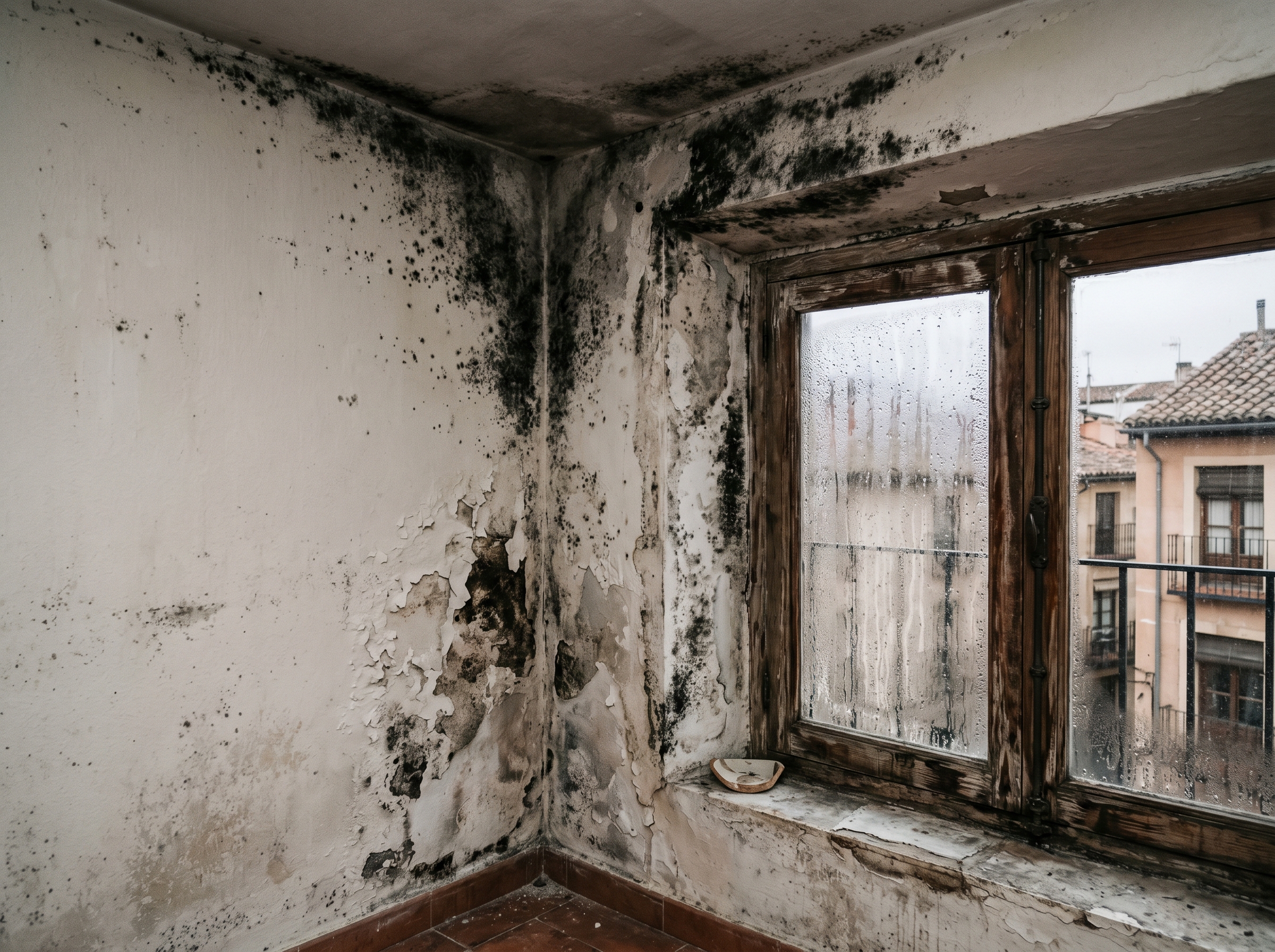 Moho negro por condensación en esquina de habitación — ventana empañada
